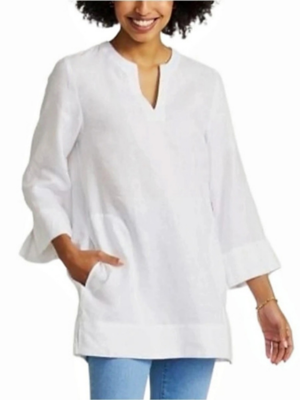 Lands' End White Linen Blend Split V-Neck Cropped Sleeve Bohemian Tunic Size L